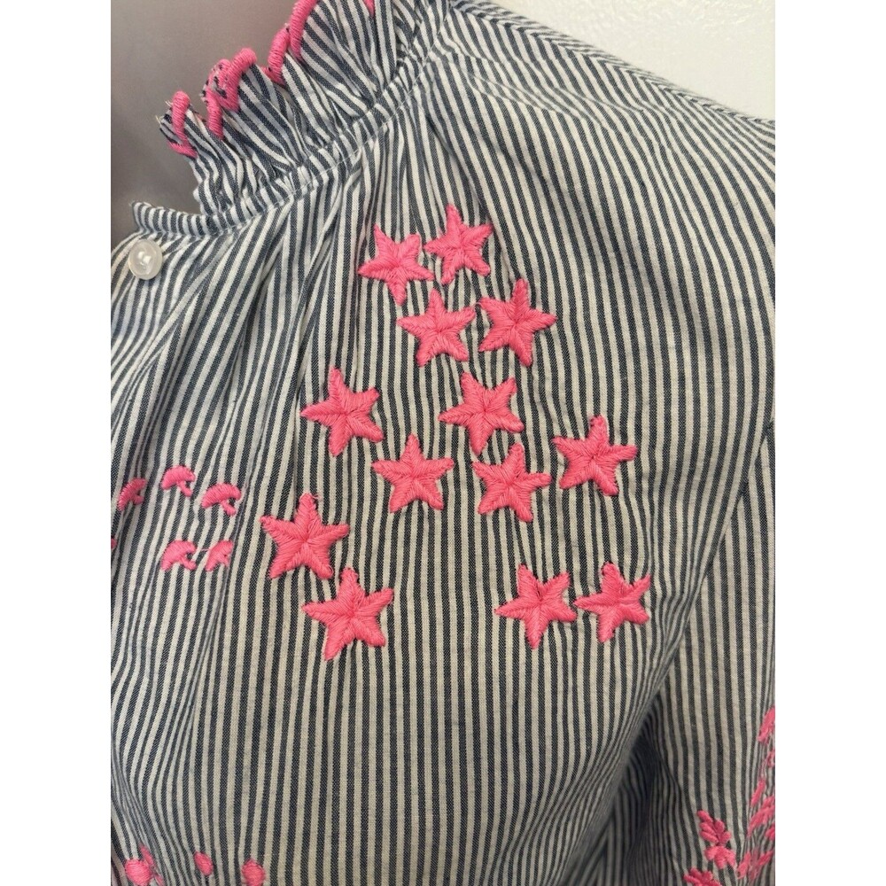 VILAGALLO Aurora embroidered Blouse in stripe pink embroidery Sz S Blue White - Picture 8 of 10
